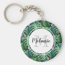 Tropiska Löven Mönster - Grönt Foliage Monogram Nyckelring