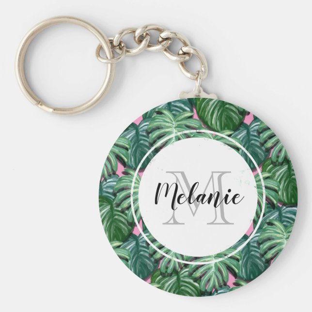 Tropiska Löven Mönster - Grönt Foliage Monogram Nyckelring (Framsidan)