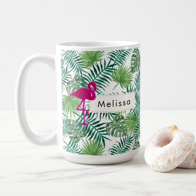 Tropiska Löven Mönster och Rosa Flamingo Anpassnin Kaffemugg (Med munk)
