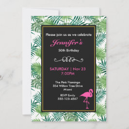 Tropiska Löven Mönster och Rosa Flamingo Birthday Inbjudningar