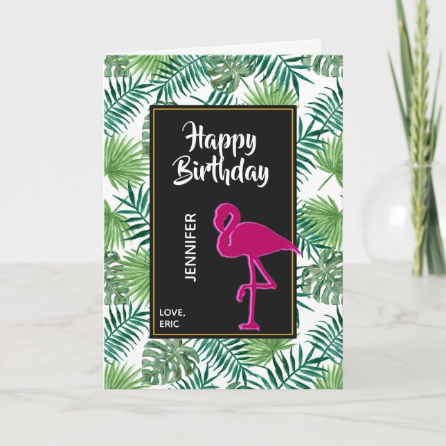 Tropiska Löven Mönster och Rosa Flamingo Birthday Kort (Framsida)
