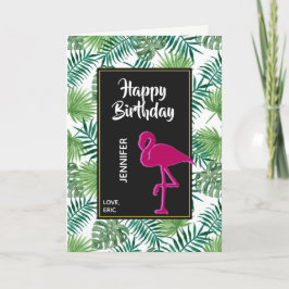 Tropiska Löven Mönster och Rosa Flamingo Birthday Kort