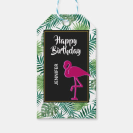 Tropiska Löven Mönster och Rosa Flamingo Birthday Presentetikett