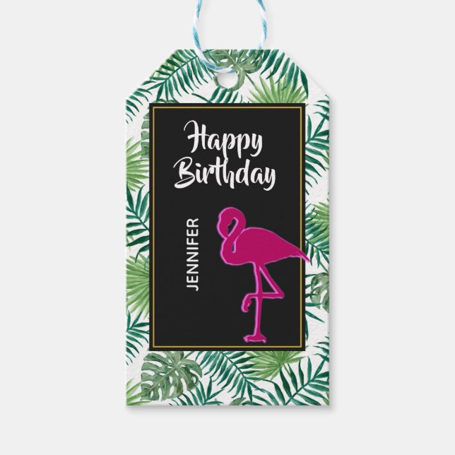 Tropiska Löven Mönster och Rosa Flamingo Birthday Presentetikett (Framsidan)
