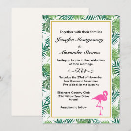 Tropiska Löven Mönster och Rosa Flamingo Bröllop Inbjudningar