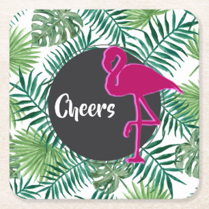 Tropiska Löven Mönster och Rosa Flamingo Cheers Underlägg Papper Kvadrat