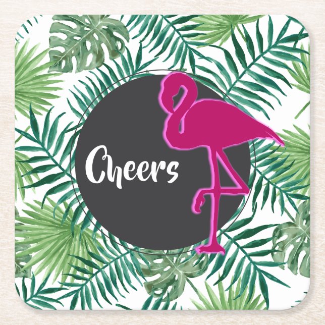 Tropiska Löven Mönster och Rosa Flamingo Cheers Underlägg Papper Kvadrat (Framsidan)