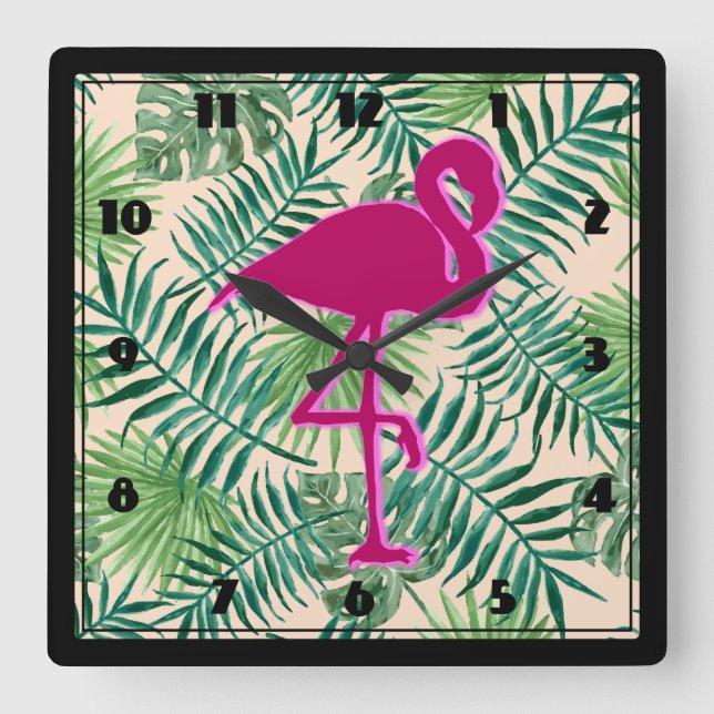Tropiska Löven Mönster och Rosa Flamingo Fyrkantig Klocka (Framsida)
