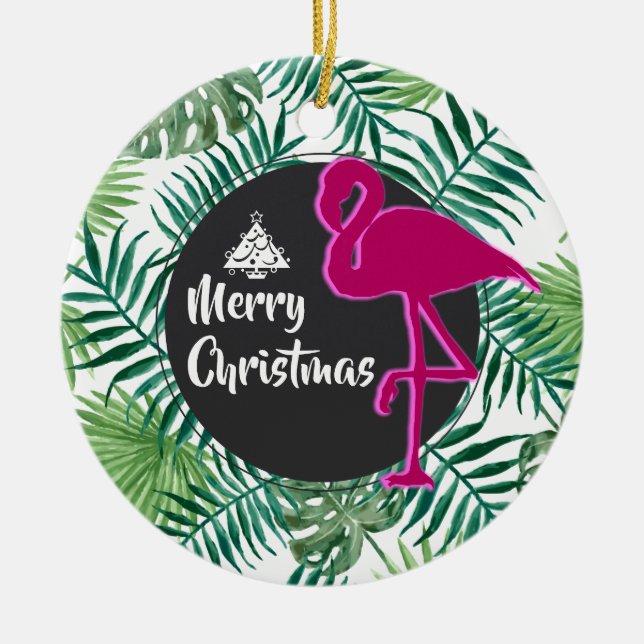 Tropiska Löven Mönster och Rosa Flamingo Julafton Julgransprydnad Keramik (Framsidan)