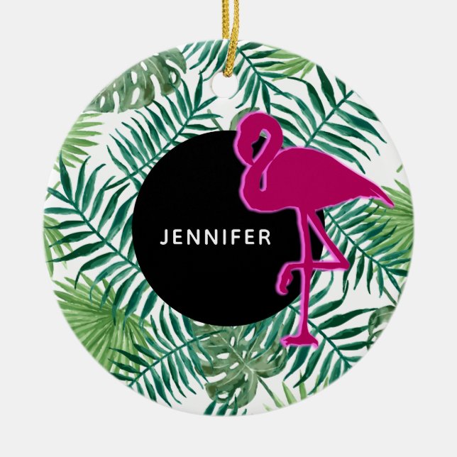 Tropiska Löven Mönster och Rosa Flamingo Julgransprydnad Keramik (Framsidan)