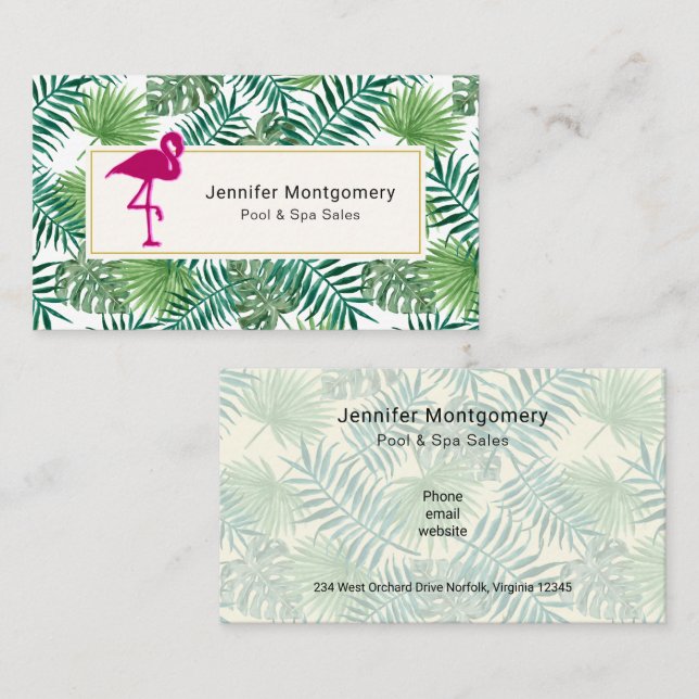Tropiska Löven Mönster och Rosa Flamingo Visitkort (Fram/baksida)