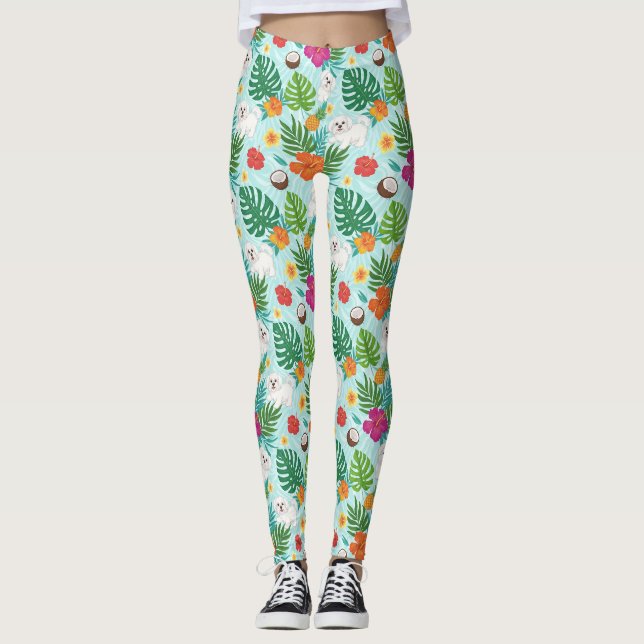 Tropiska malteserhundstrandvibbar leggings (Framsida)