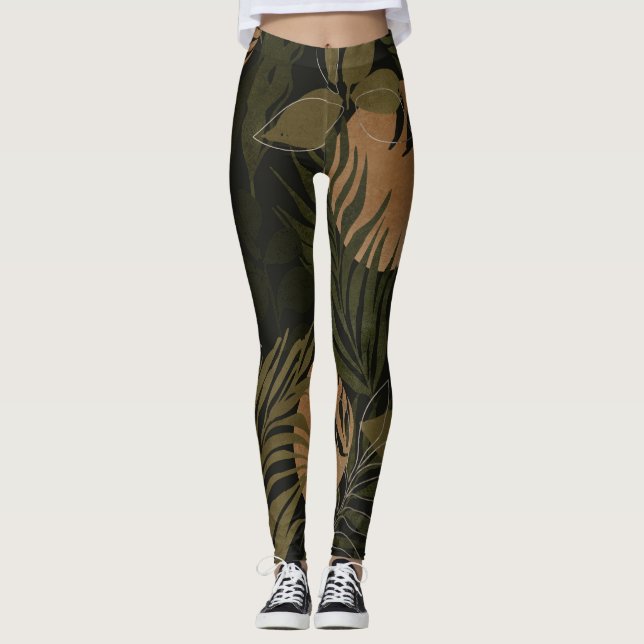 Tropiska Måne Handflatan: Nattsömlös Mönster Leggings (Framsida)