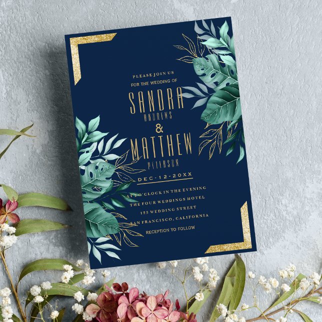 Tropiska marinblått guld glitter blommigt Bröllop Inbjudningar (Tropical navy blue gold glitter floral Wedding )