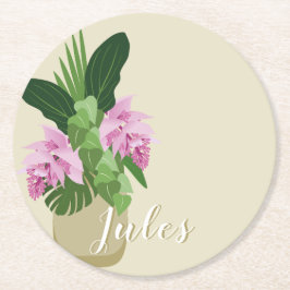 Tropiska Medinilla Rosa Flower Gult Vas Namn Underlägg Papper Rund