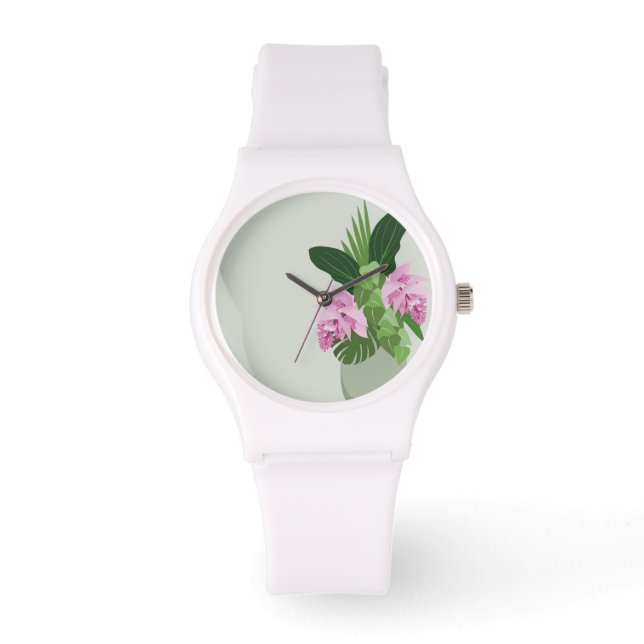 Tropiska Medinilla Rosa Flower i Grönt Vas Armbandsur (Framsida)