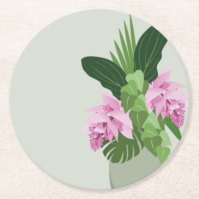 Tropiska Medinilla Rosa Flower i Grönt Vas Underlägg Papper Rund (Framsidan)