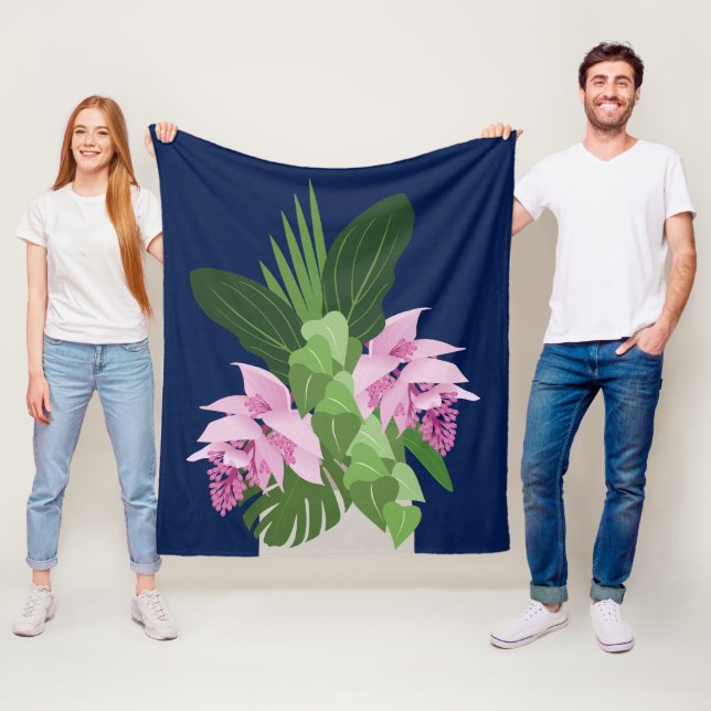 Tropiska Medinilla Rosa Flower på Mörk blått Fleecefilt (På plats)
