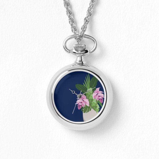 Tropiska Medinilla Rosa Flower Vas på Mörk blått Armbandsur (Framsida)
