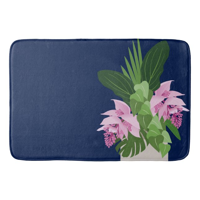 Tropiska Medinilla Rosa Flower Vas på Mörk blått Badrumsmatta (Framsidan)
