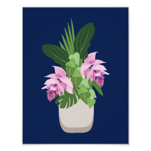 Tropiska Medinilla Rosa Flower Vas på Mörk blått Fototryck