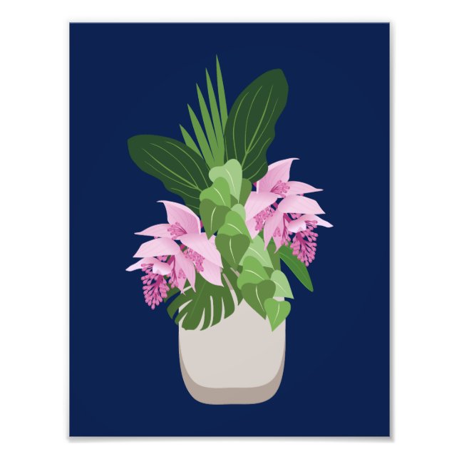 Tropiska Medinilla Rosa Flower Vas på Mörk blått Fototryck (Framsidan)