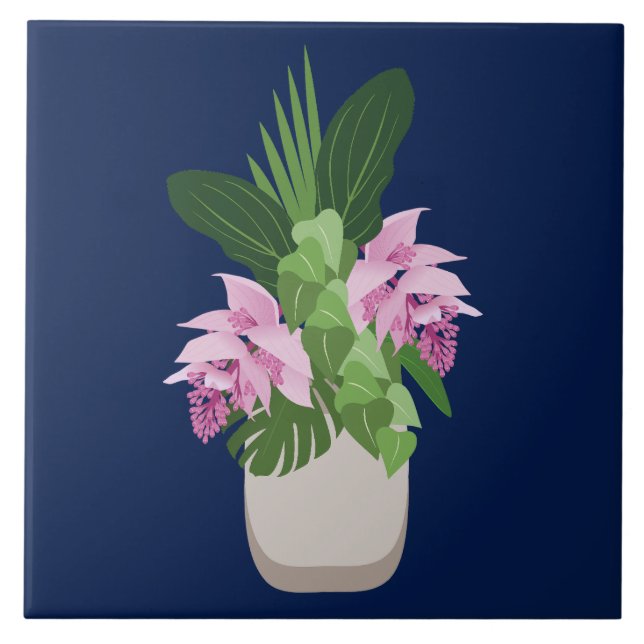 Tropiska Medinilla Rosa Flower Vas på Mörk blått Kakelplatta (Framsidan)