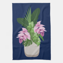 Tropiska Medinilla Rosa Flower Vas på Mörk blått Kökshandduk