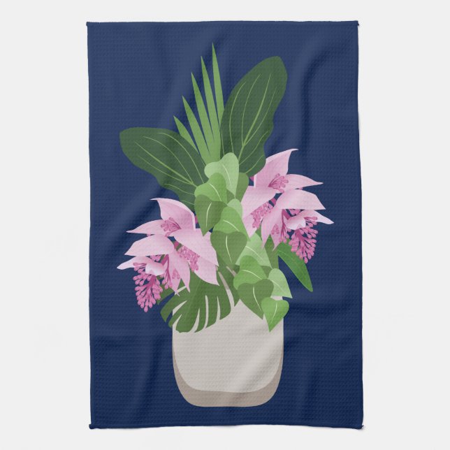 Tropiska Medinilla Rosa Flower Vas på Mörk blått Kökshandduk (Vertikal)