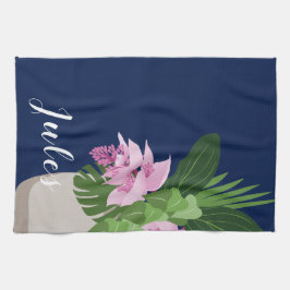 Tropiska Medinilla Rosa Flower Vas på Mörk blått Kökshandduk