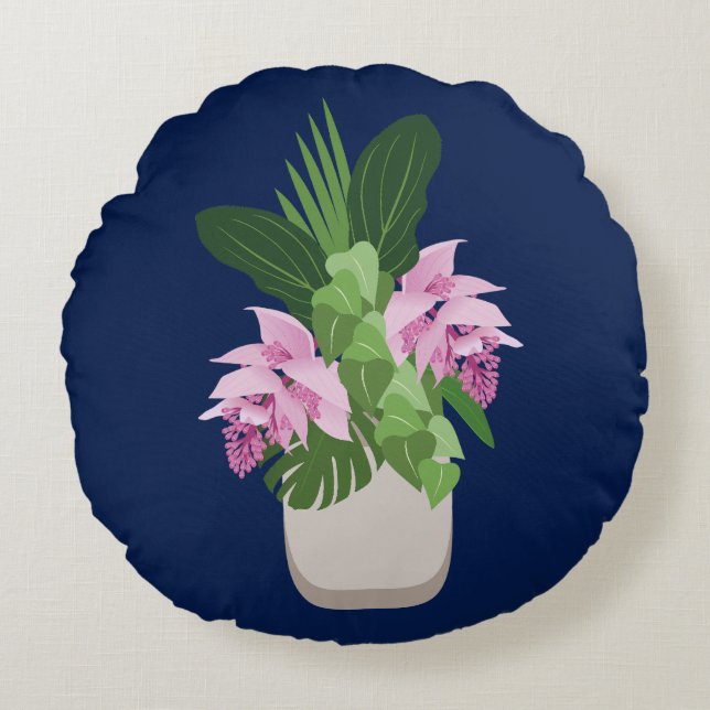Tropiska Medinilla Rosa Flower Vas på Mörk blått Rund Kudde (Framsidan)