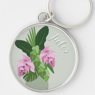 Tropiska Medinilla Rosa Flower Vas vid Grönt Namn Rund Silverfärgad Nyckelring