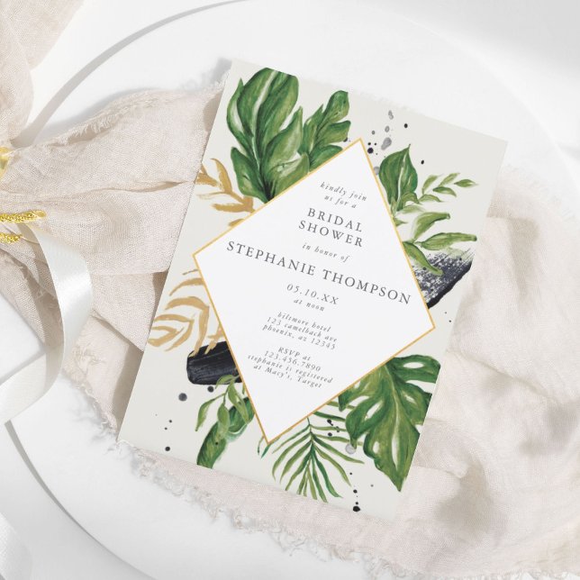 Tropiska Möhippan grönt & Guld Watercolor Inbjudningar (Green & Gold Watercolor Tropical Bridal Shower Invitation)