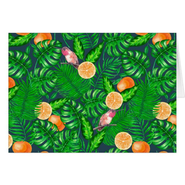 Tropiska mönster, hummer, fåglar hälsningskort (Framsidan Horizontal)