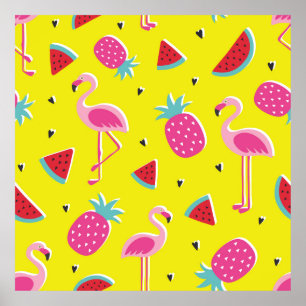 tropiska mönster med rosa ananas, flamingos, w poster
