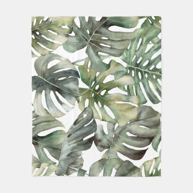 Tropiska Monstera Big Watercolor Mönster Fleecefilt (Framsidan)