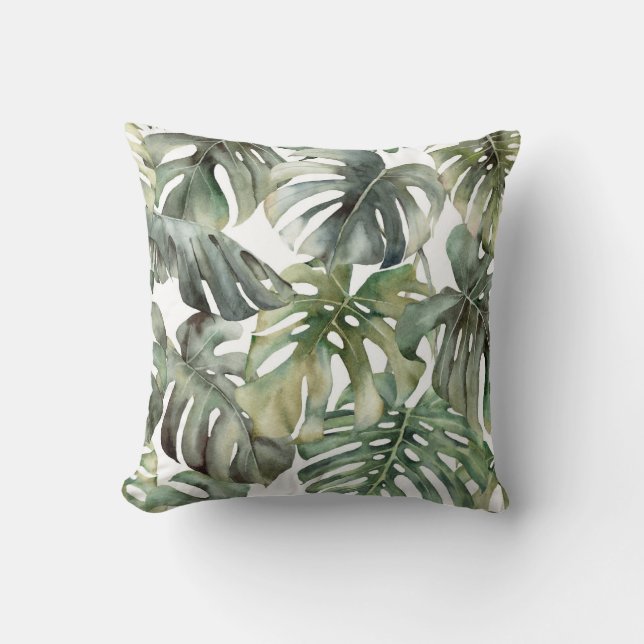 Tropiska Monstera Big Watercolor Mönster Kudde (Framsida)