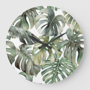 Tropiska Monstera Big Watercolor Mönster Stor Klocka