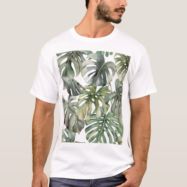 Tropiska Monstera Big Watercolor Mönster T Shirt (Framsida)