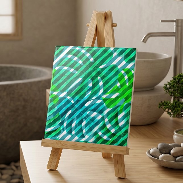 Tropiska Monstera blad och diagonala ränder Kakelplatta (Skapare uppladdad)