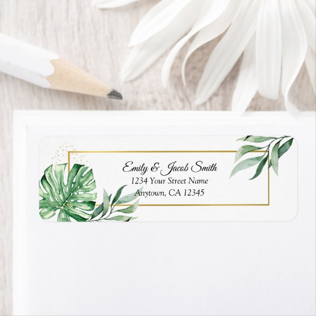 Tropiska Monstera Botanicals & Guld Returadress Etikett (Insitu)