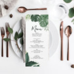 Tropiska Monstera Bröllop Menu eller Möhippa Inbjudningar<br><div class="desc">Visning din utsökta meny på dessa vackra kort - perfekt storlek till ställe på varje skylt! Den här designen har ett vackert skript och vackert tropiskt grej. Redigera enkelt matvarorna!</div>