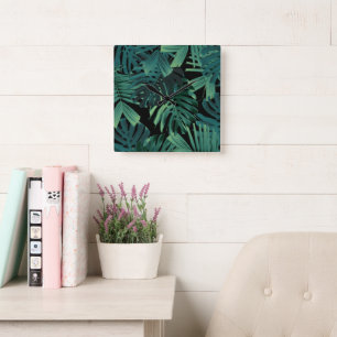 Tropiska Monstera Djungel Natt Löv 1 Fyrkantig Klocka