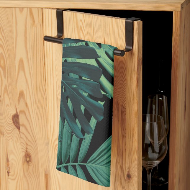 Tropiska Monstera Djungel Natt Löv 1 Kökshandduk (Thirds Fold)