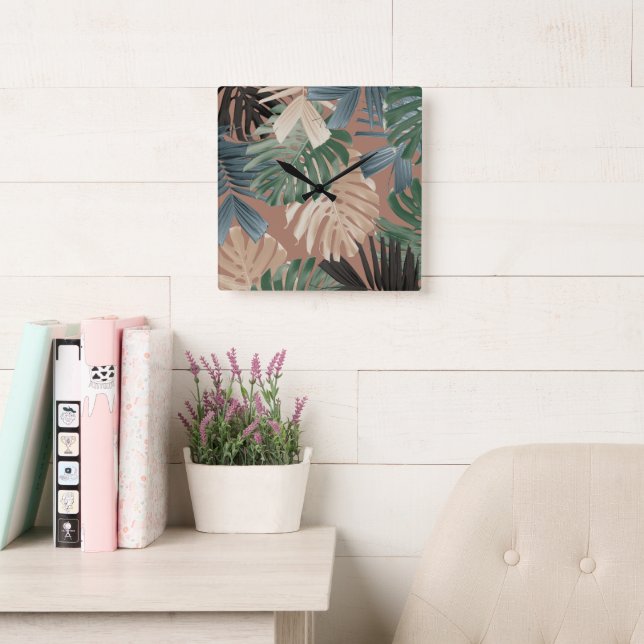 Tropiska Monstera Djungelblad 2 Fyrkantig Klocka (Läsesal)