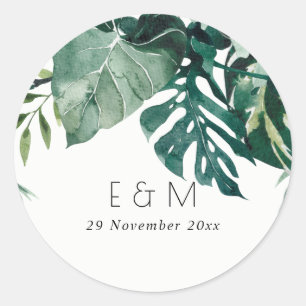 Tropiska monstera Foliage Grönt Monogram Bröllop Runt Klistermärke