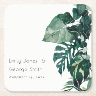 Tropiska monstera Foliage Grönt Rustic Bröllop Underlägg Papper Kvadrat