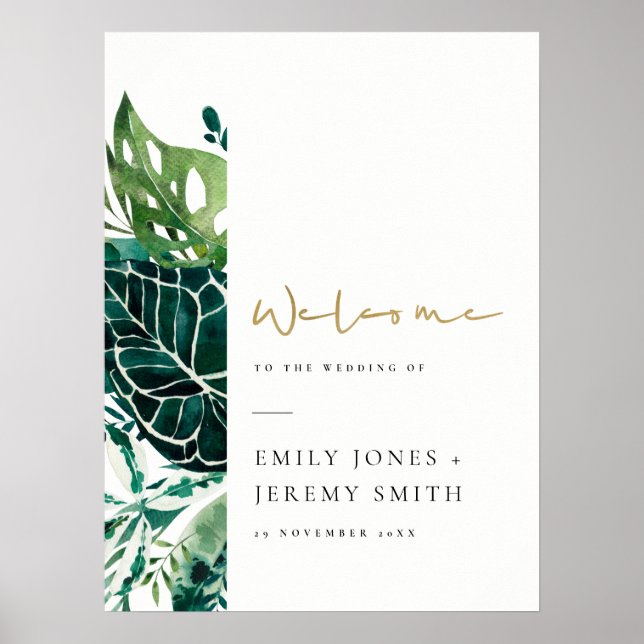 Tropiska Monstera Grönt Foliage Bröllop Välkomsthj Poster (Framsidan)