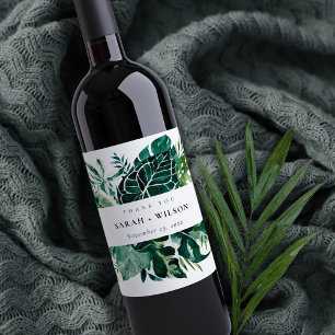 Tropiska Monstera-Grönten Foliage Bröllop Tack Vinflaska Etikett