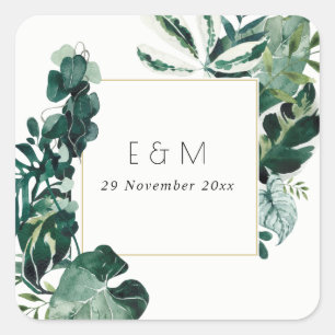 Tropiska Monstera-Grönten Foliage Monogram Bröllop Fyrkantigt Klistermärke